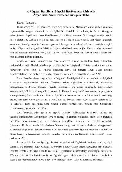 Szent Erzsébet napi körlevél 2022