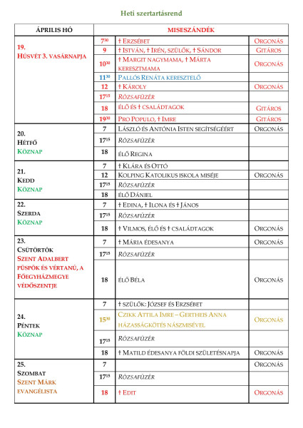Szertartásrend - 2026.04.19.