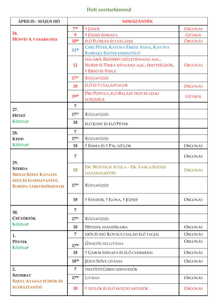 Szertartásrend - 2026.04.26.