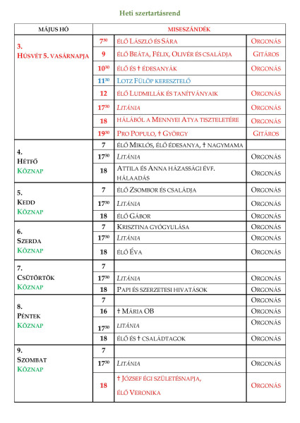Szertartásrend - 2026.05.03.