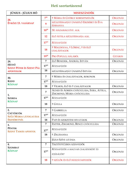 Szertartásrend - 2026.06.28.